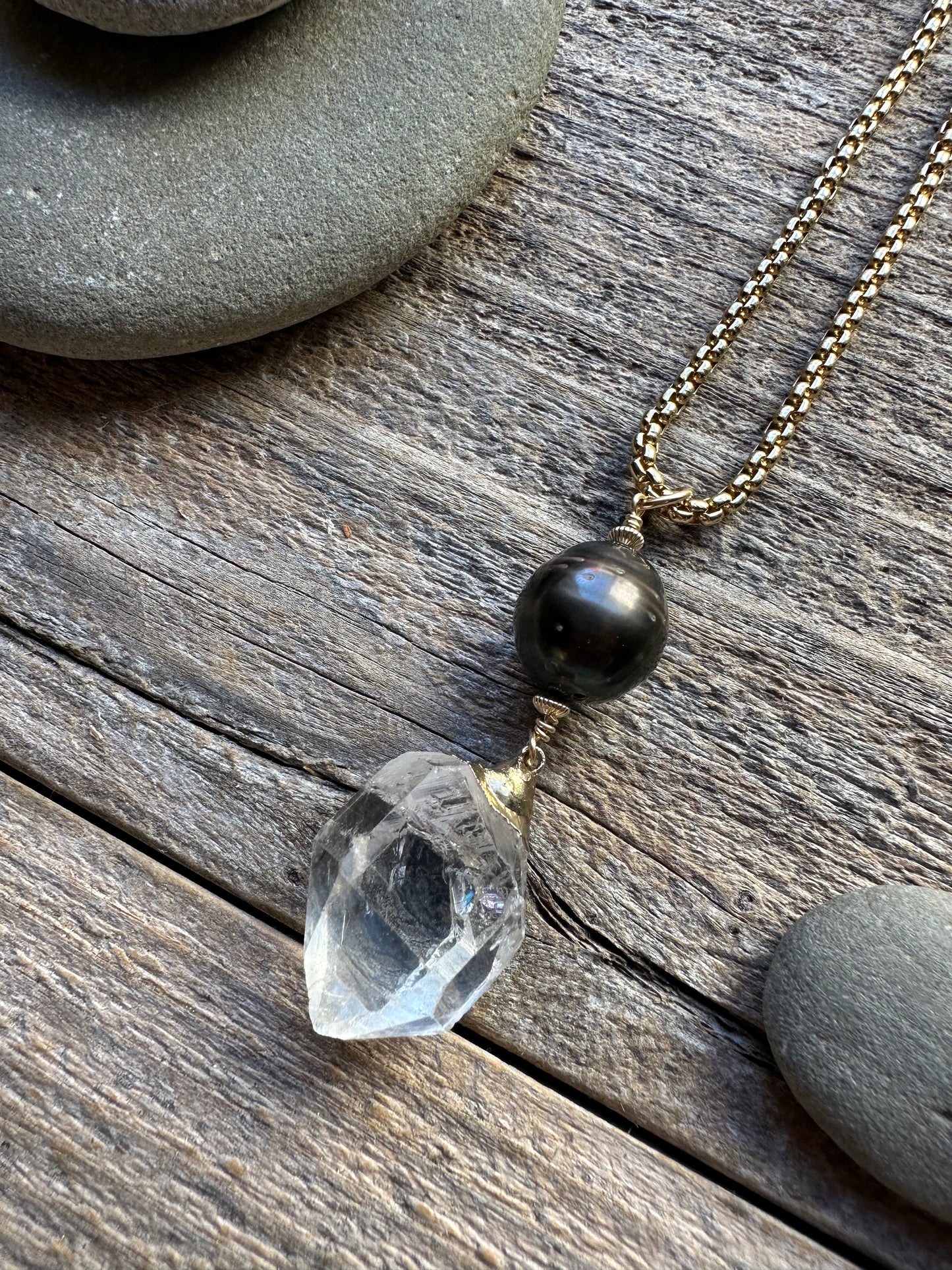 Starhaven Tahitian Pearl and  Guilded Herkimer Diamond Necklace