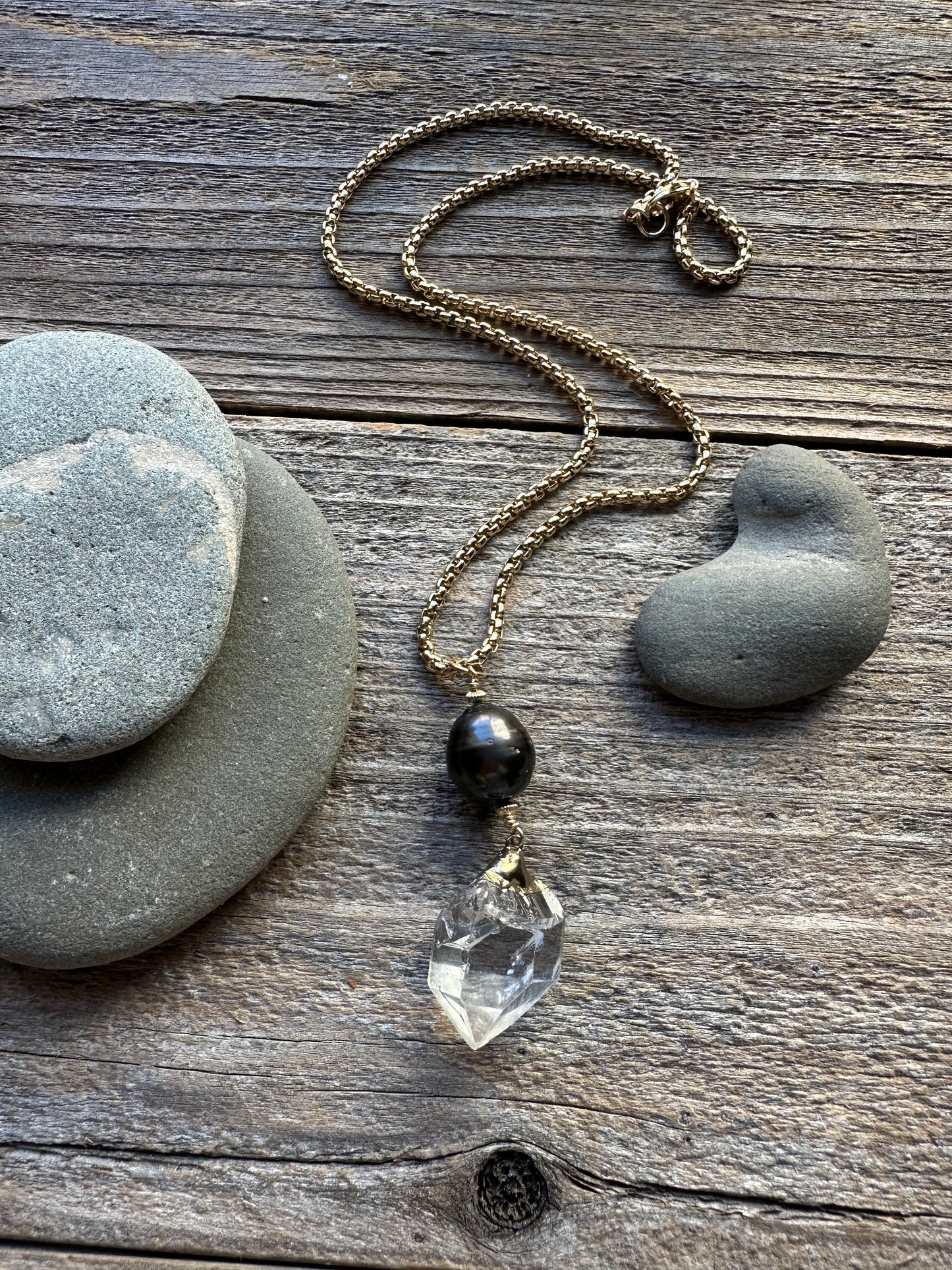 Starhaven Tahitian Pearl and  Guilded Herkimer Diamond Necklace