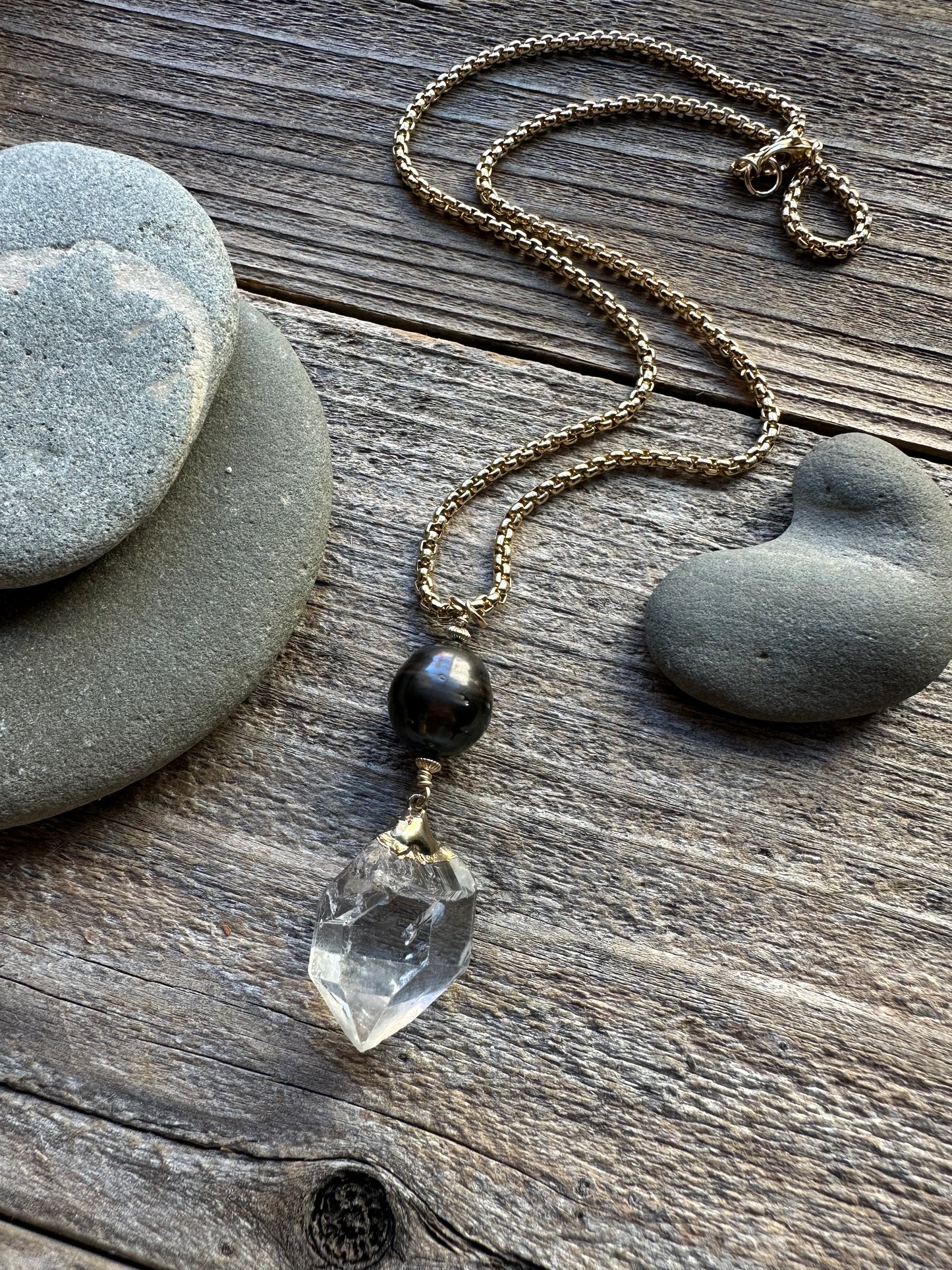 Starhaven Tahitian Pearl and  Guilded Herkimer Diamond Necklace