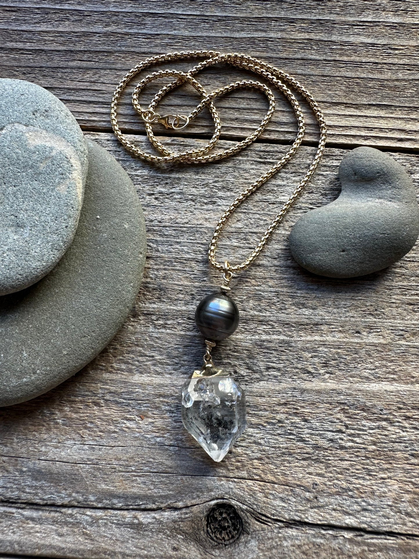 Starhaven Tahitian Pearl and  Guilded Herkimer Diamond Necklace