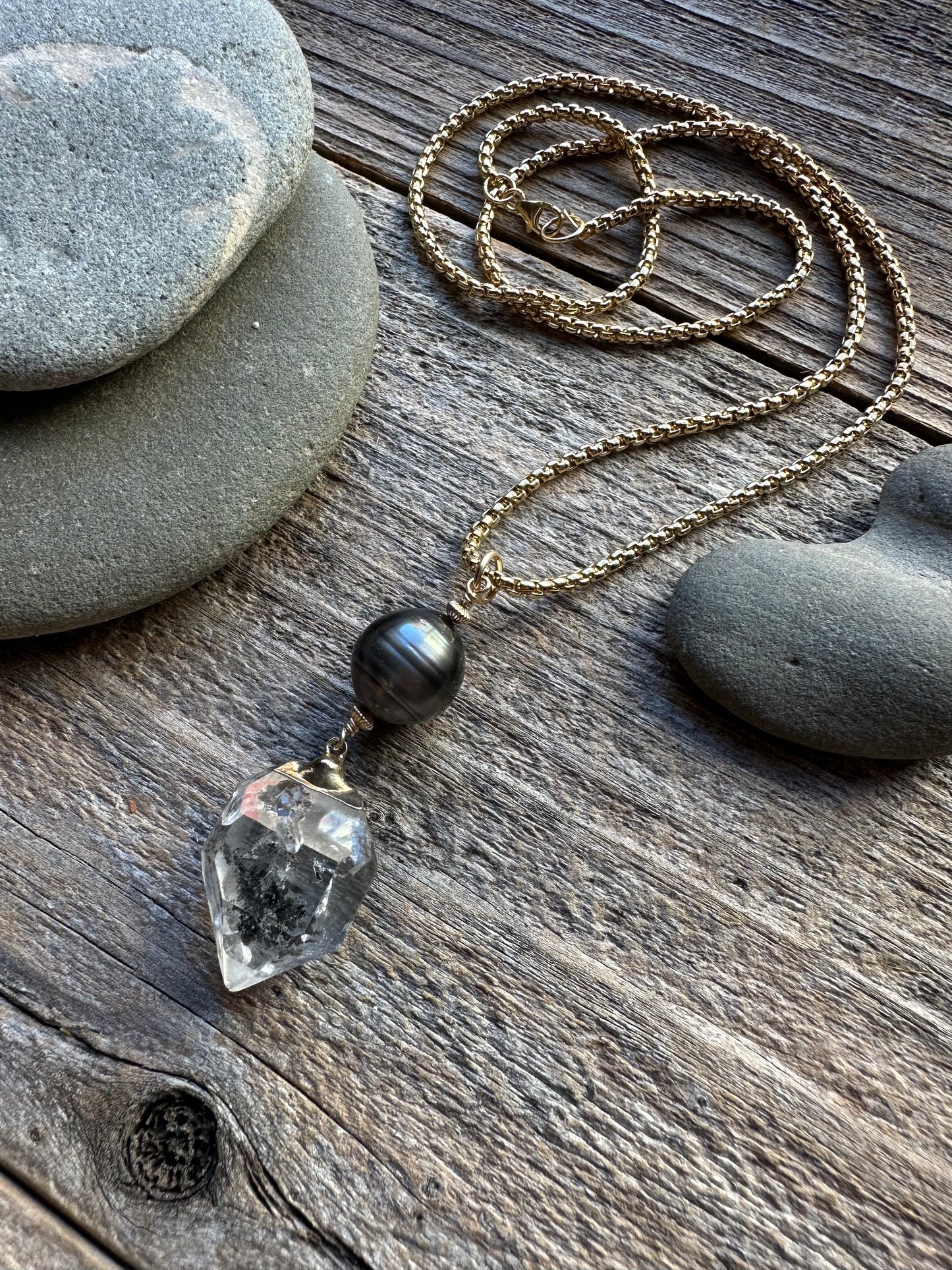 Starhaven Tahitian Pearl and  Guilded Herkimer Diamond Necklace