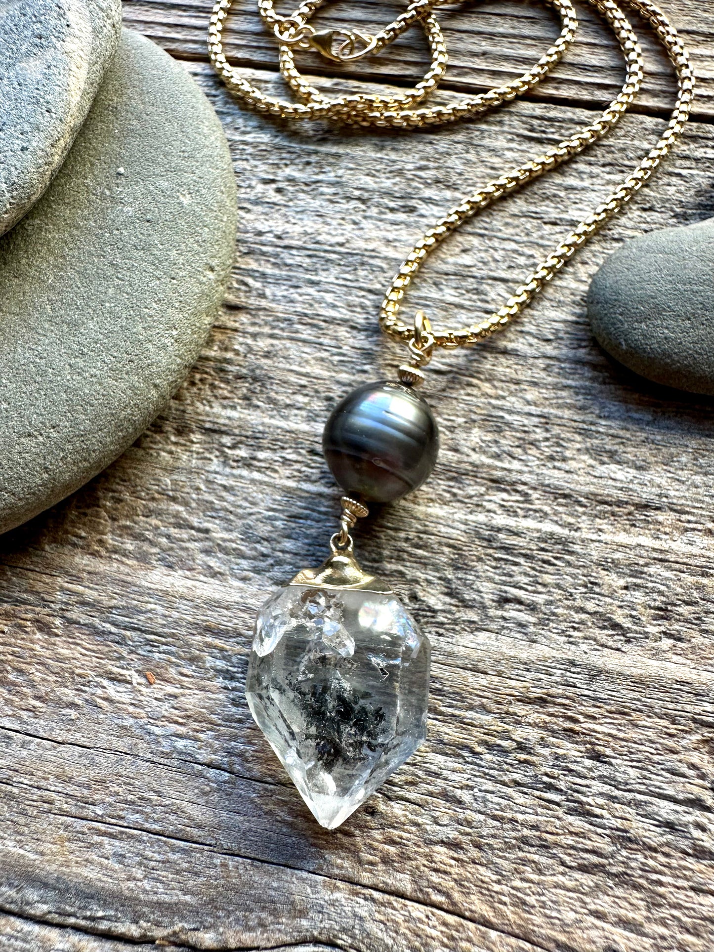 Starhaven Tahitian Pearl and  Guilded Herkimer Diamond Necklace