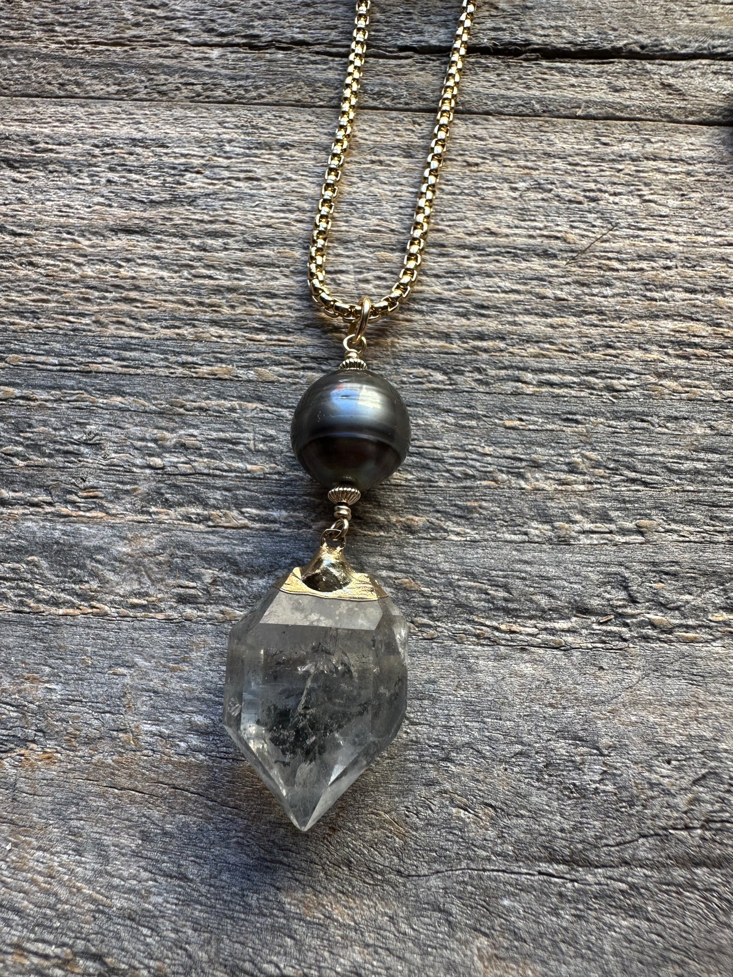 Starhaven Tahitian Pearl and  Guilded Herkimer Diamond Necklace