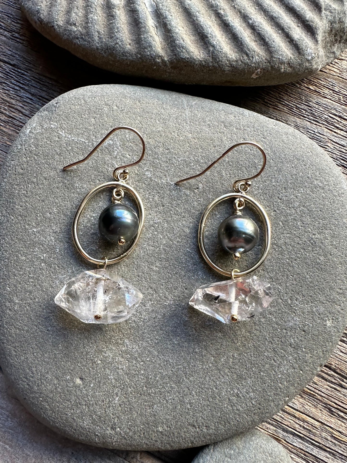 Tidal Orbit Tahitian Pearl and Herkimer Diamond Earrings