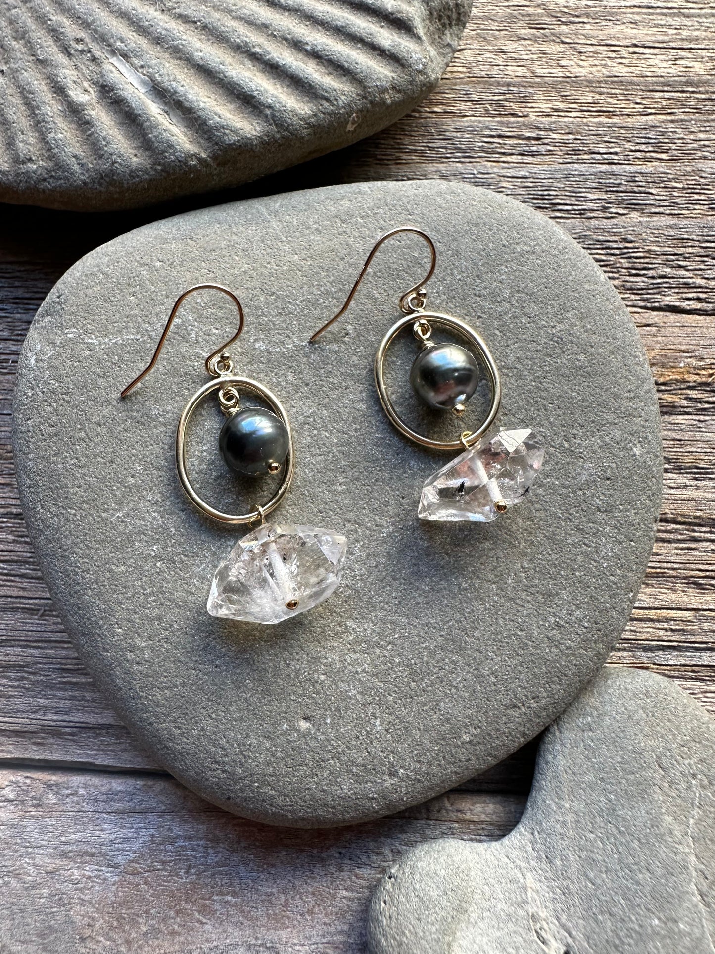 Tidal Orbit Tahitian Pearl and Herkimer Diamond Earrings