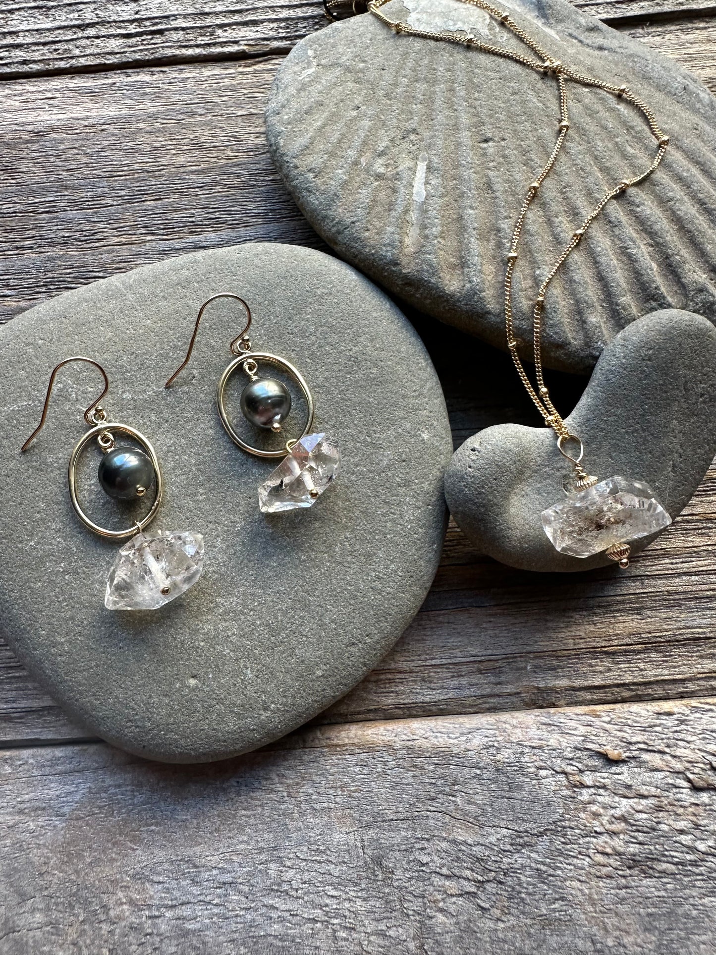 Tidal Orbit Tahitian Pearl and Herkimer Diamond Earrings