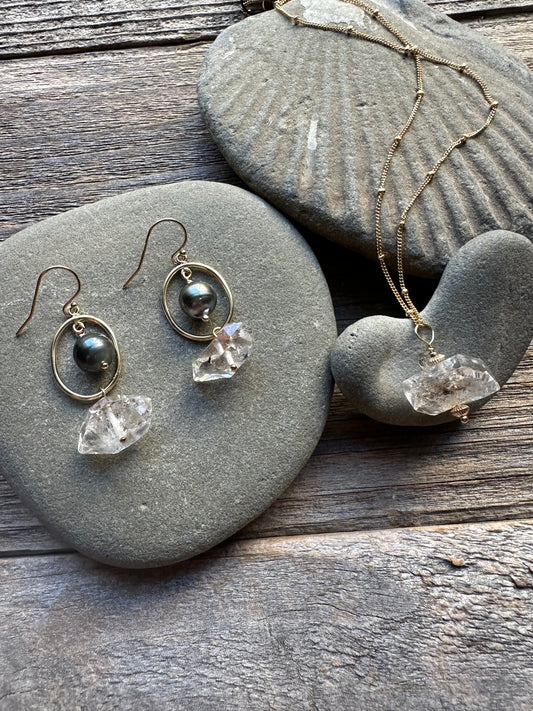 Tidal Orbit Tahitian Pearl and Herkimer Diamond Earrings