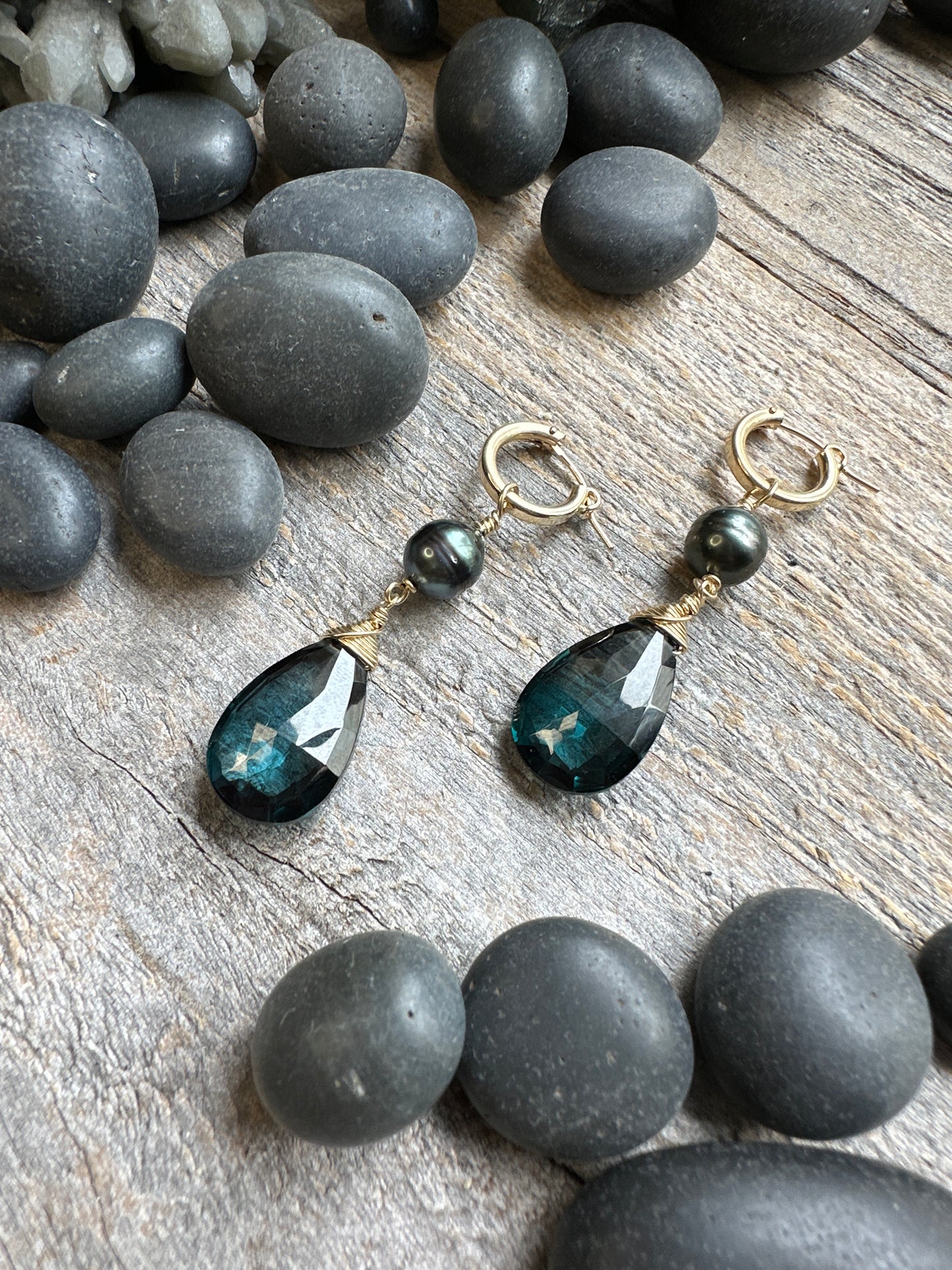 Abyssal Tide: Huggie Tahitian Pearl and London Blue Topaz Wide Drop Earrings