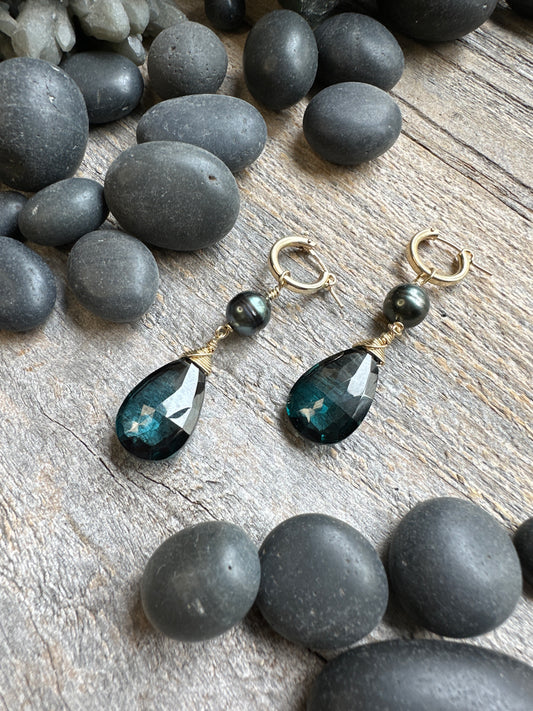 Abyssal Tide: Huggie Tahitian Pearl and London Blue Topaz Wide Drop Earrings
