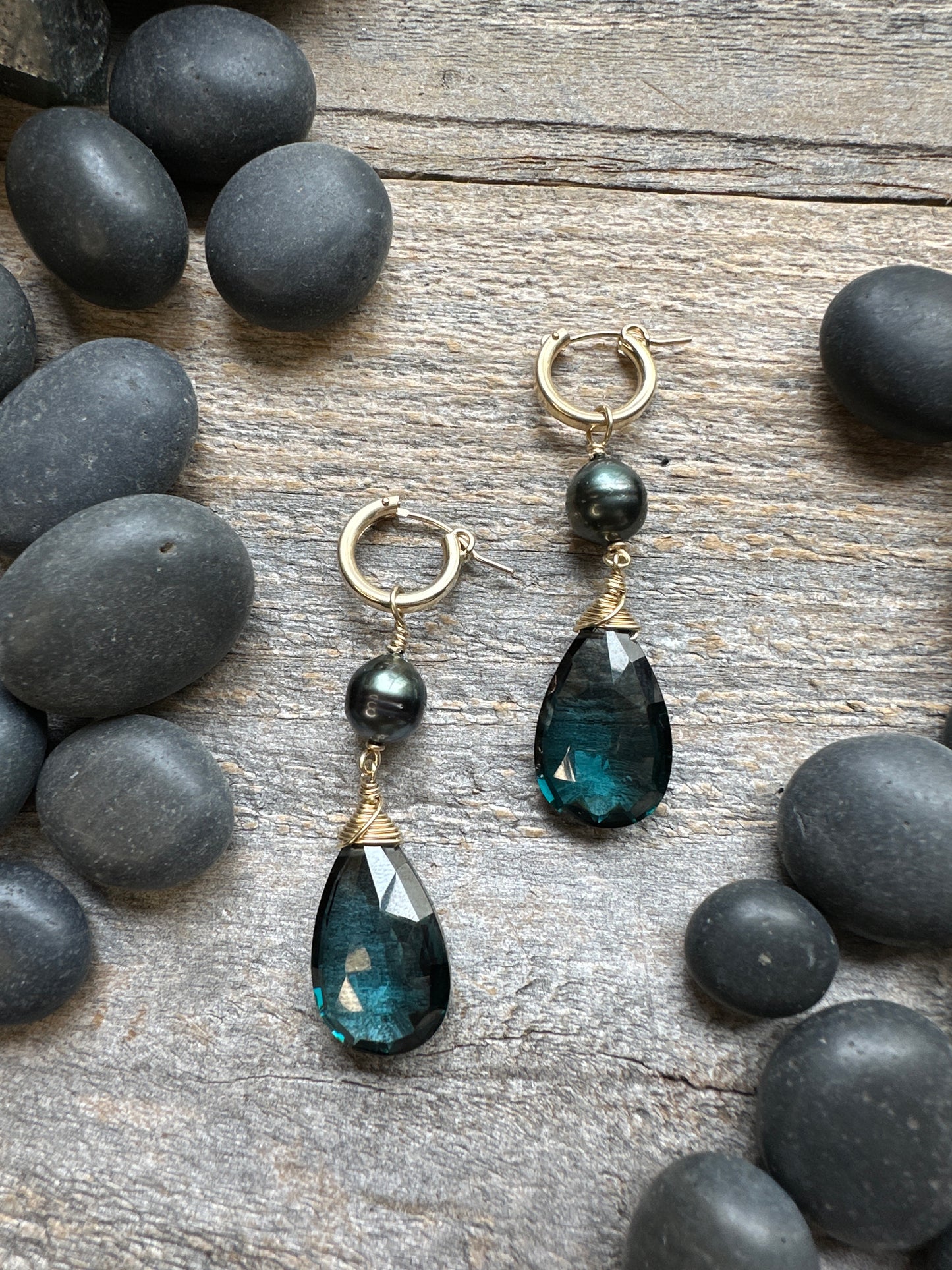Abyssal Tide: Huggie Tahitian Pearl and London Blue Topaz Wide Drop Earrings