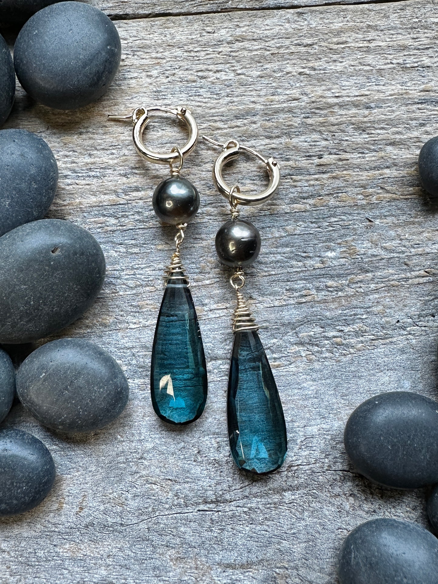 Abyssal Tide: Huggie Tahitian Pearl and London Blue Topaz Long Drop Earrings