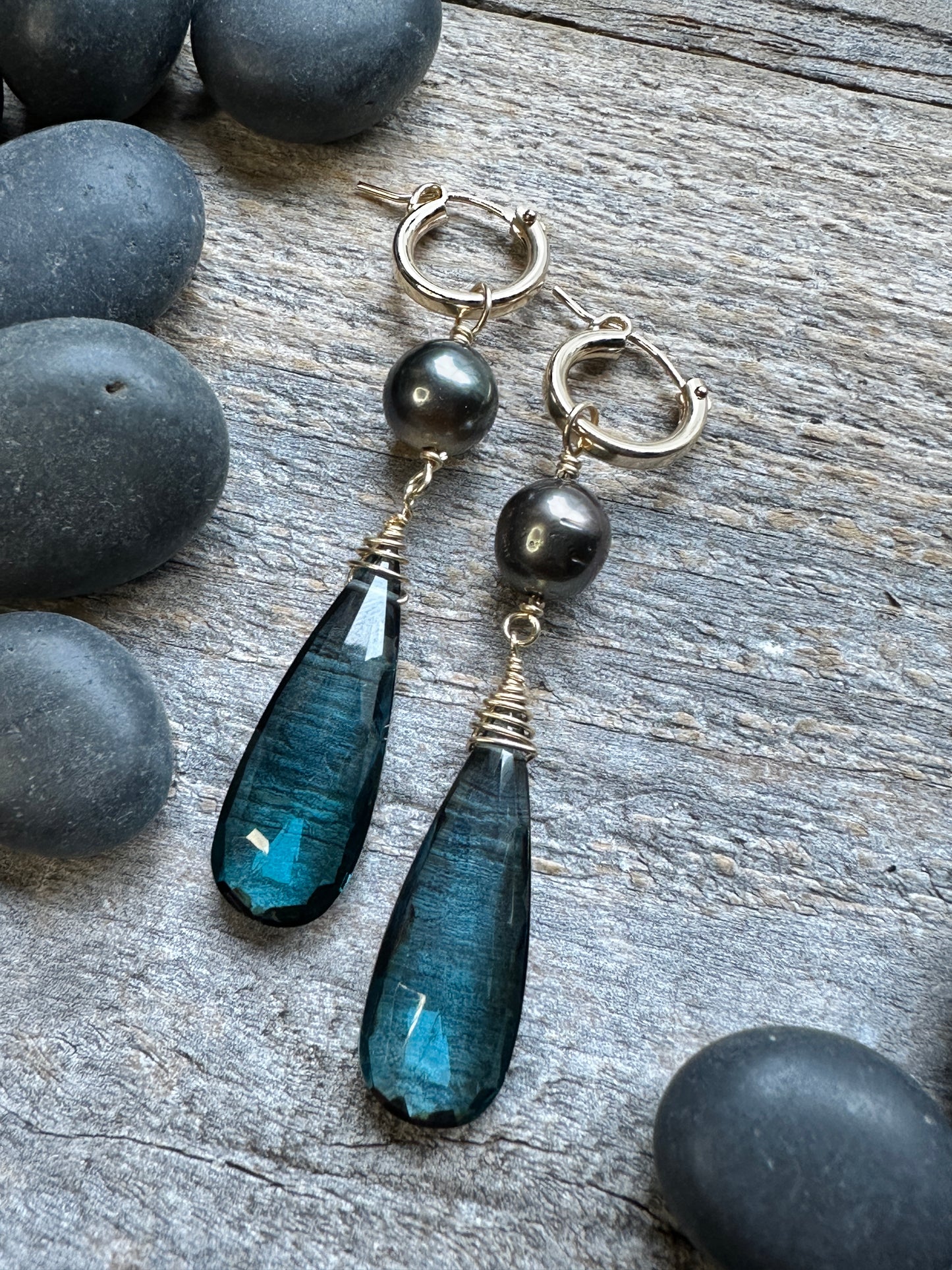 Abyssal Tide: Huggie Tahitian Pearl and London Blue Topaz Long Drop Earrings