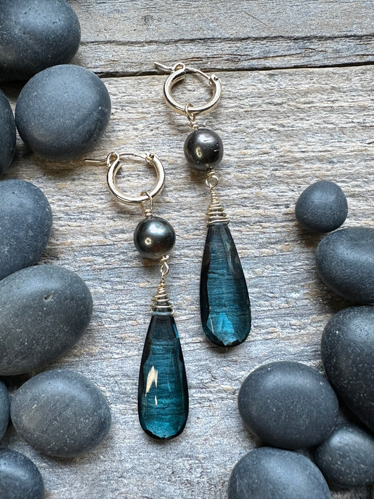 Abyssal Tide: Huggie Tahitian Pearl and London Blue Topaz Long Drop Earrings