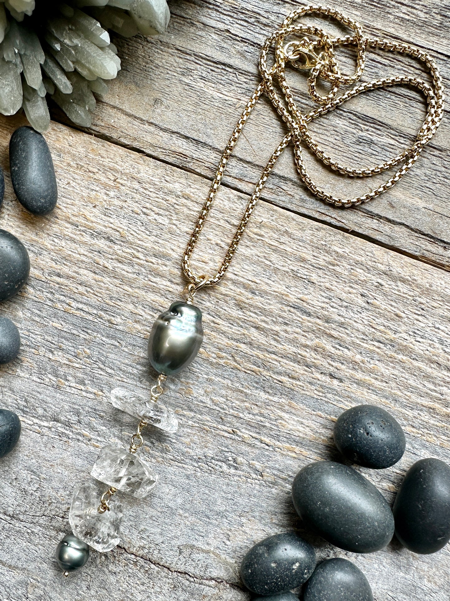 Etheria Thaitian Pearl and Herkimer Diamond Long Drop Necklace