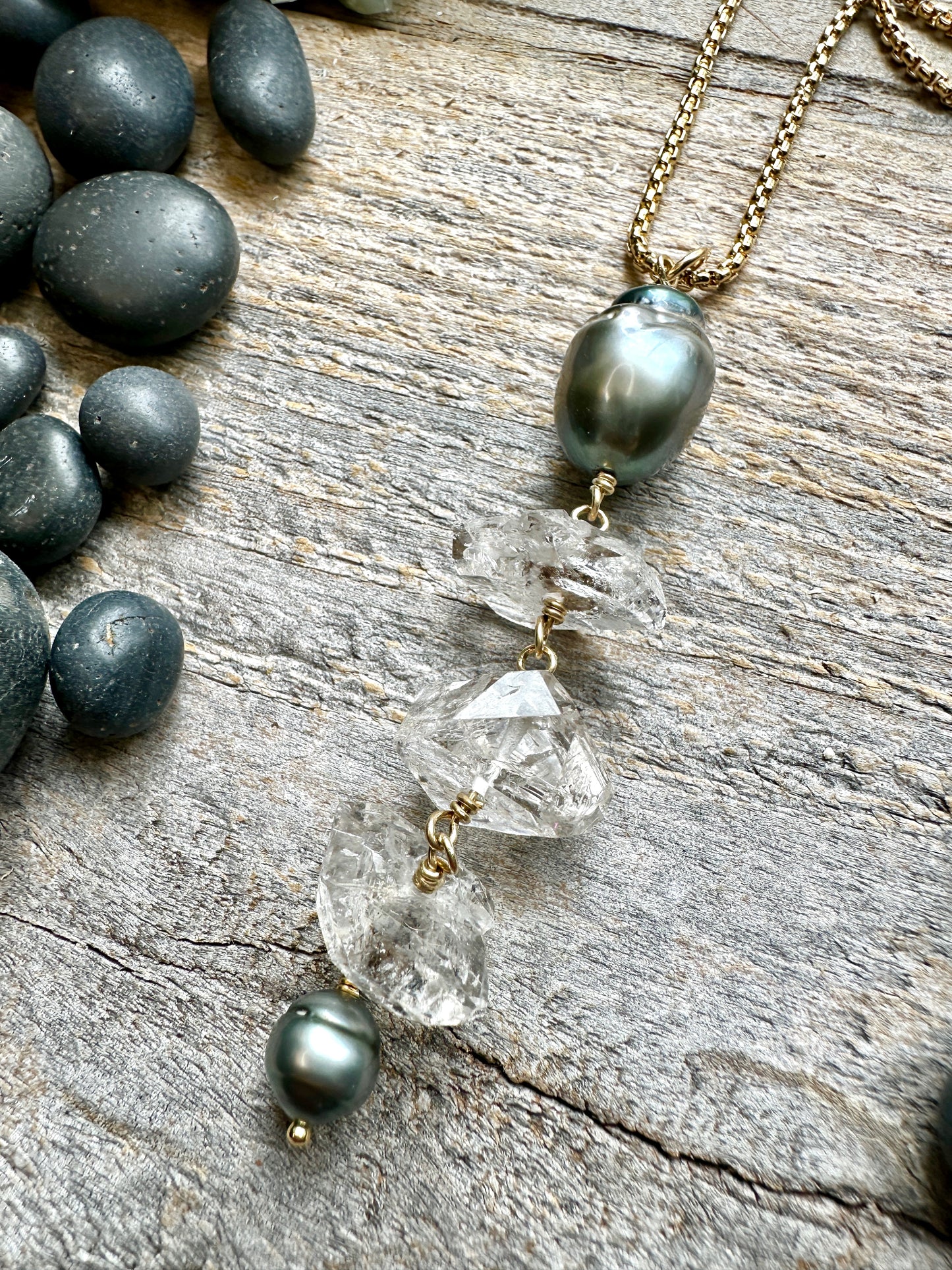 Etheria Thaitian Pearl and Herkimer Diamond Long Drop Necklace