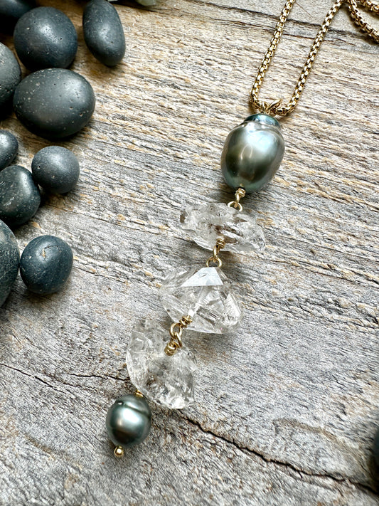 Etheria Thaitian Pearl and Herkimer Diamond Long Drop Necklace