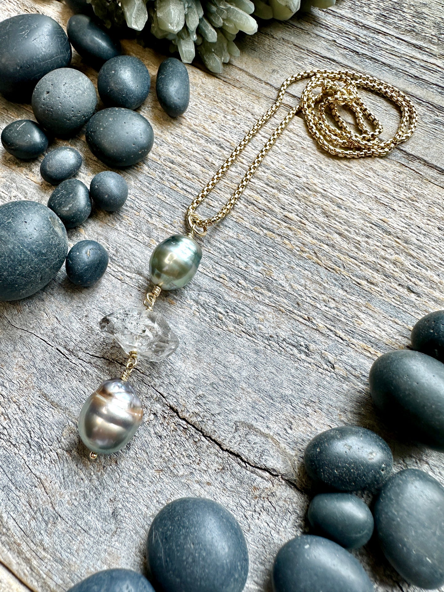Ehteria Tahitian Pearl and Herkimer Lariat Drop Necklace