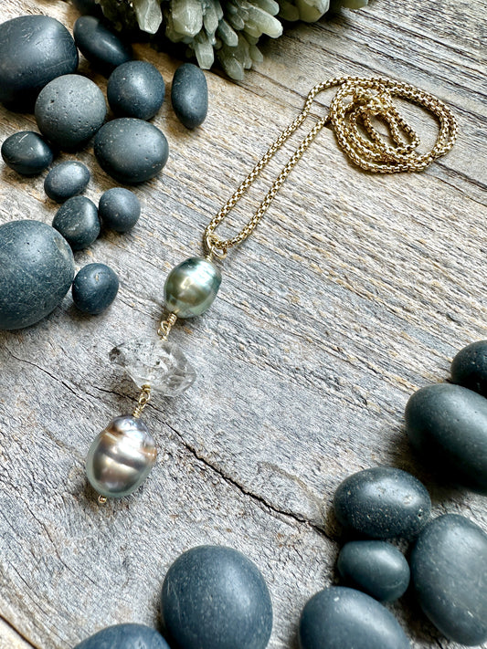 Ehteria Tahitian Pearl and Herkimer Lariat Drop Necklace