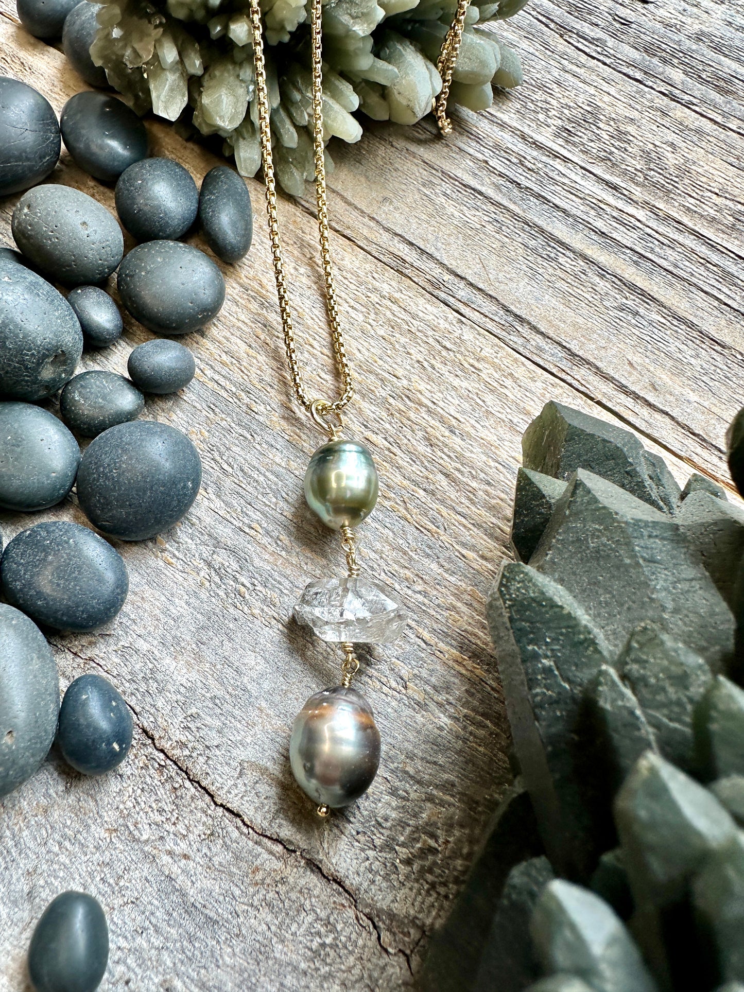Ehteria Tahitian Pearl and Herkimer Lariat Drop Necklace