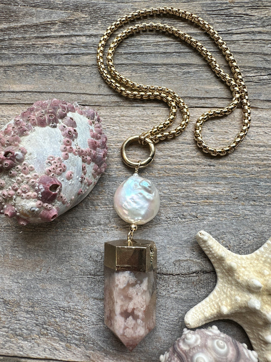Flower Agate & Moon Pearl Pendant