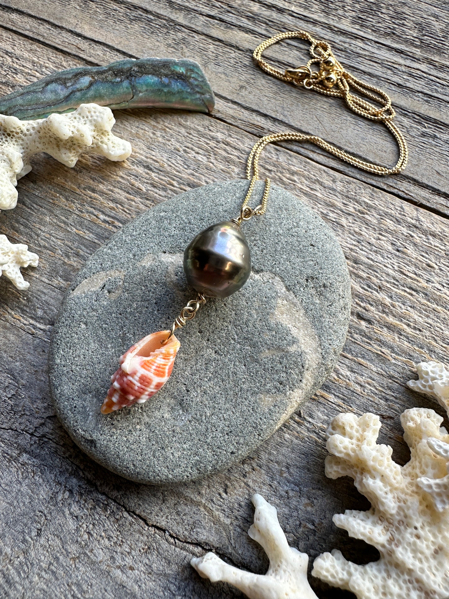 Pearl & Shell Drop 24" Gold Filled Necklace