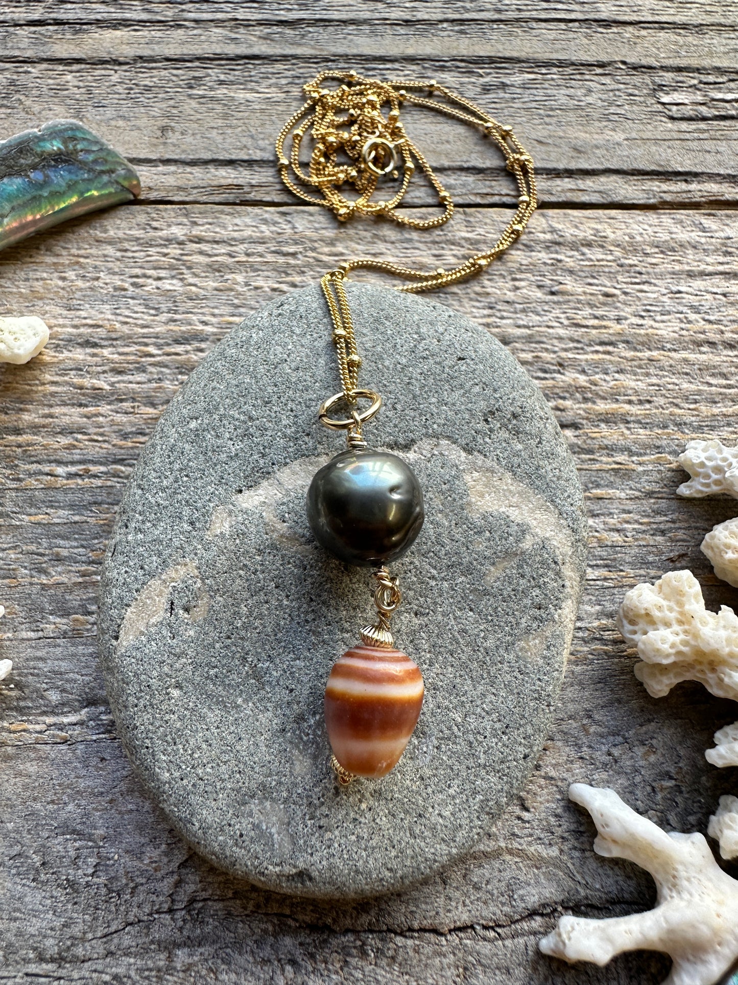 Pearl & Shell Drop 24" Gold Filled Necklace