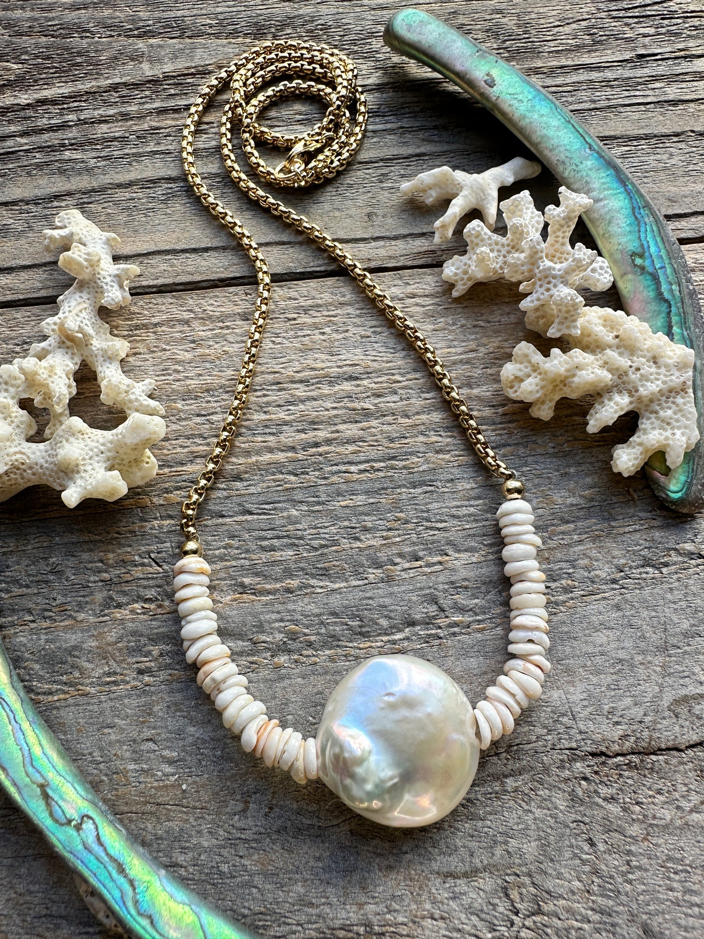Moon Pearl + Puka Shore Bar 27" Necklace