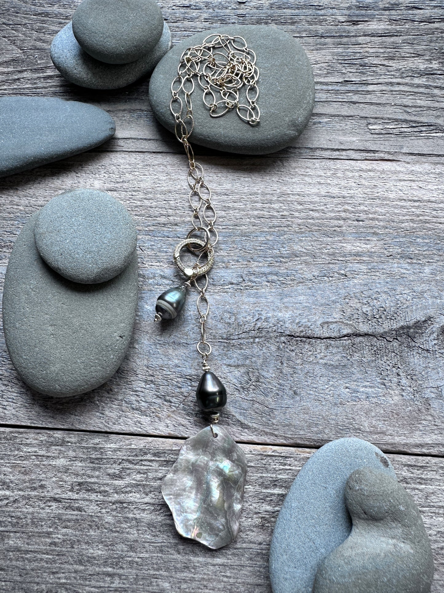 Coastal Talisman Abalone and Tahitain Pearl Lariat Necklace
