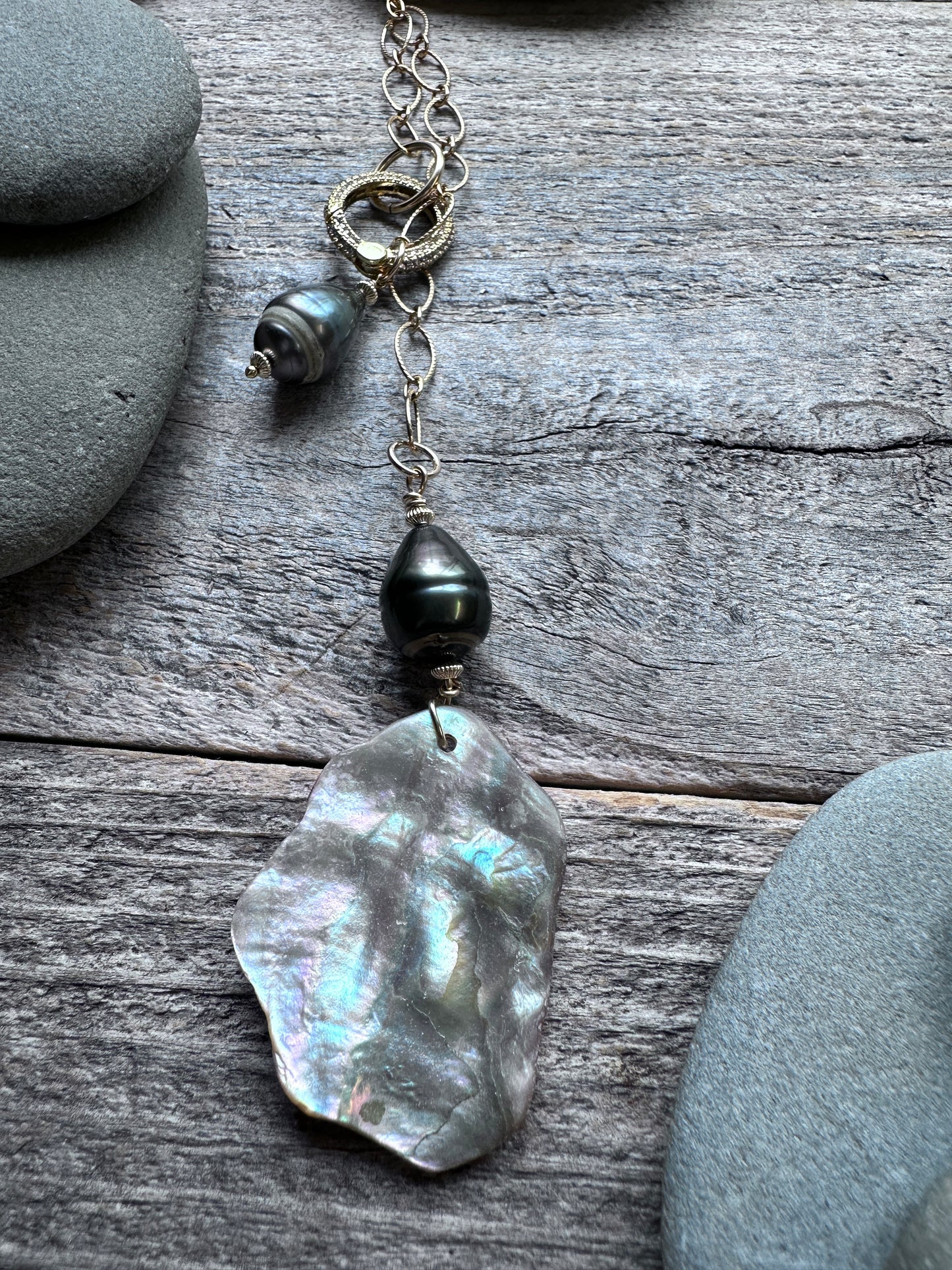 Coastal Talisman Abalone and Tahitain Pearl Lariat Necklace