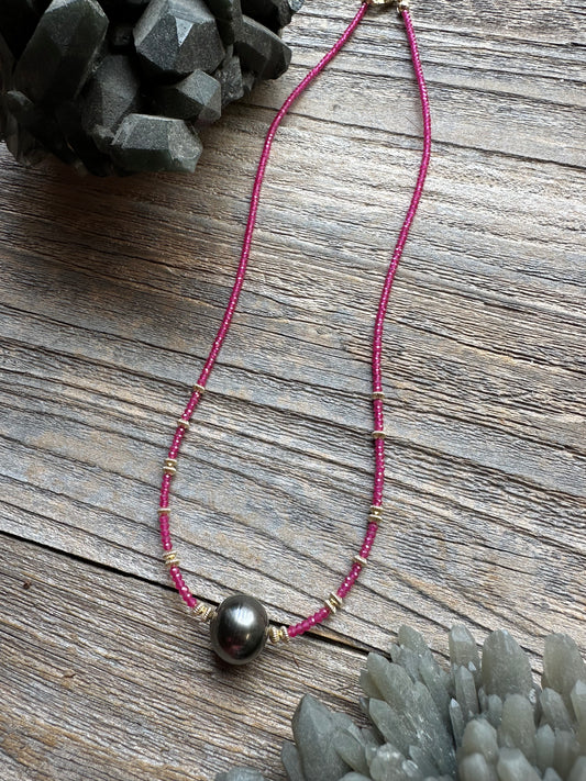 Scarlet Tide – Ruby & Tahitian Pearl Necklace