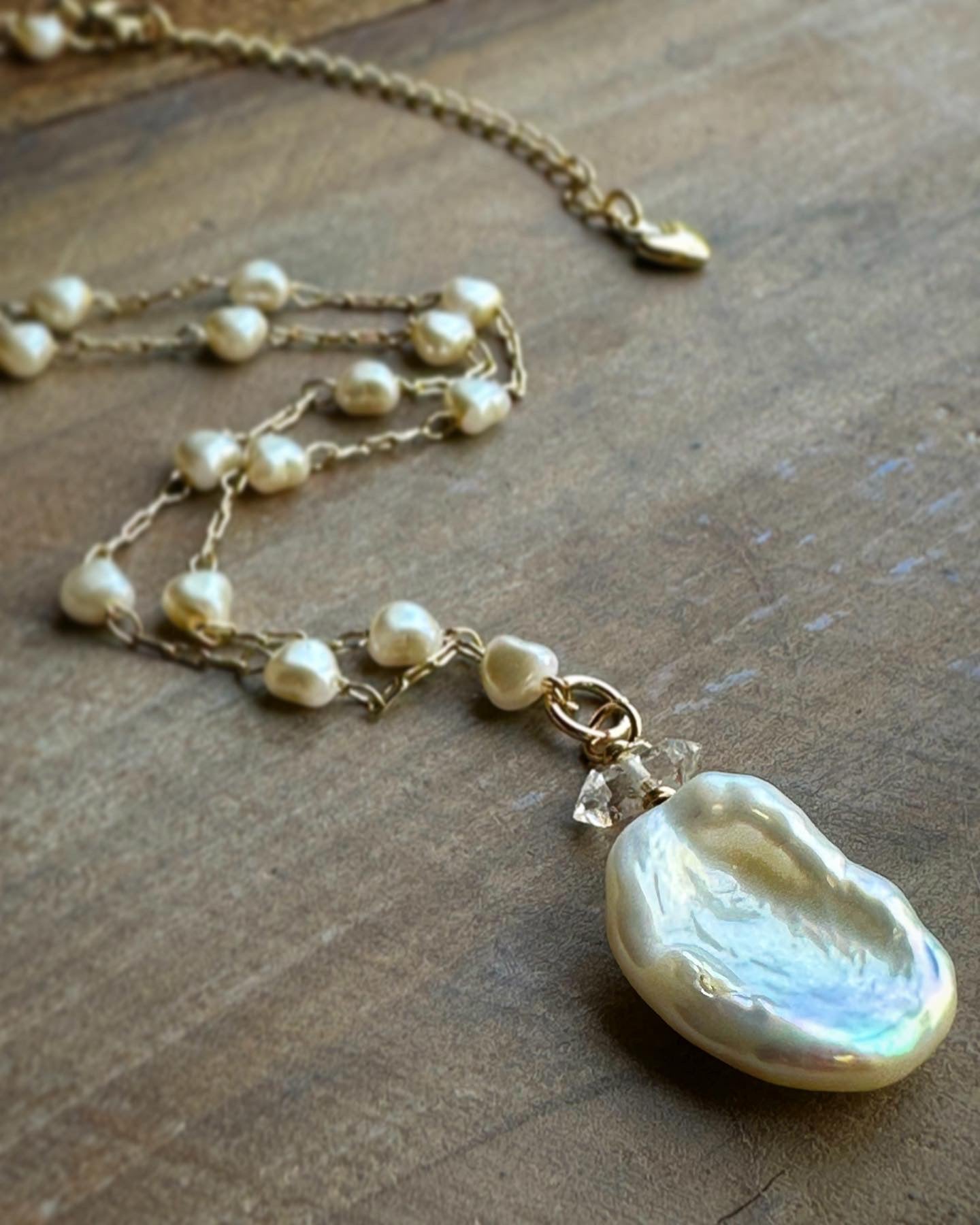 Keshi Pearl and Herkimer Diamond Gold  Necklace