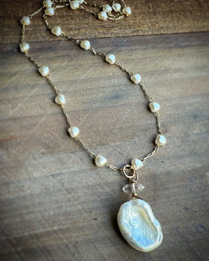 Keshi Pearl and Herkimer Diamond Gold  Necklace