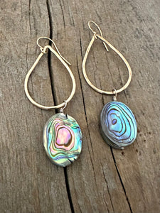 rainbow abalone shell in oval form hanging off of a teardrop shaped earring on a wooden background