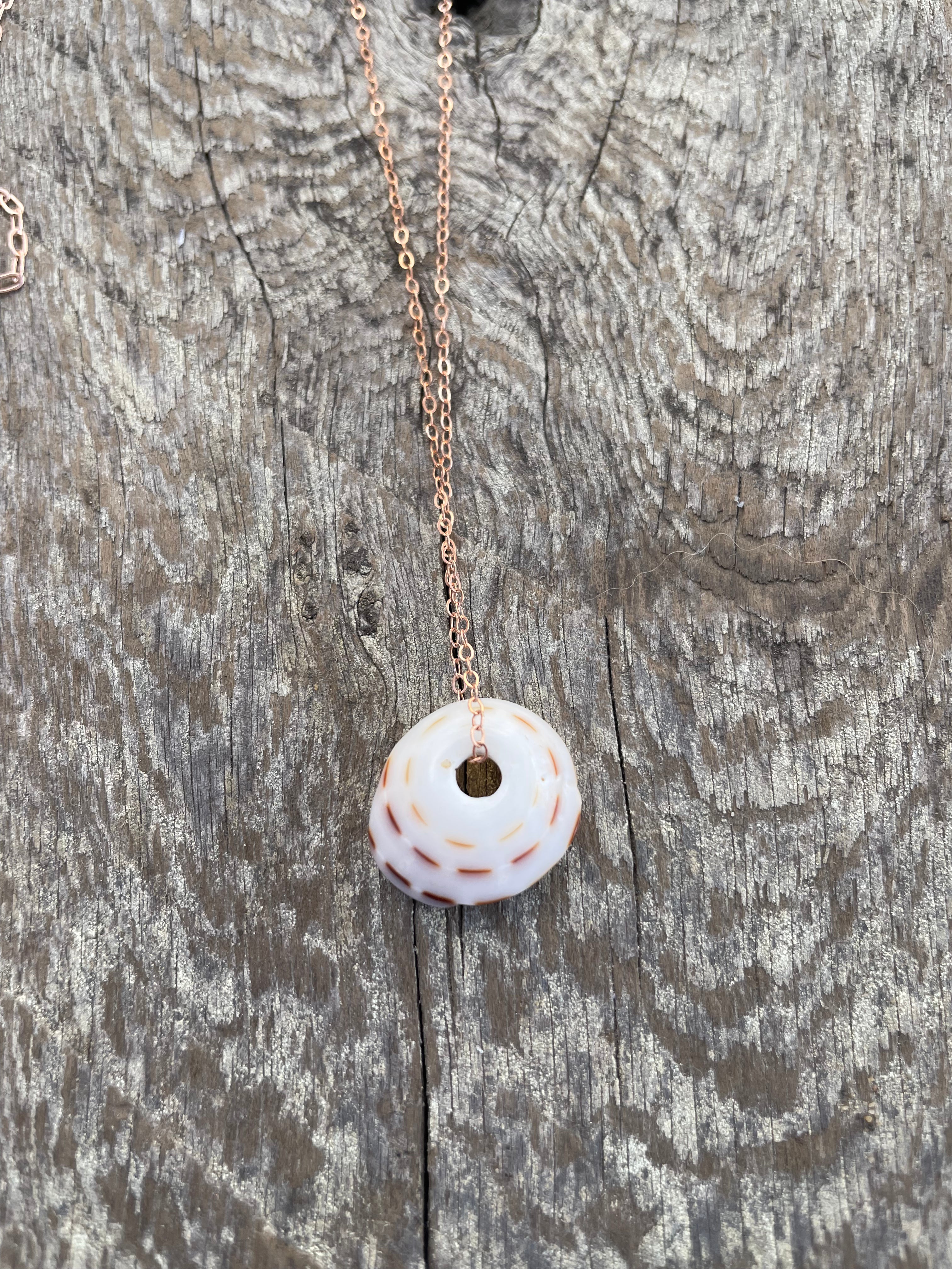 puka shell on a goldfilled chain on a wooden background