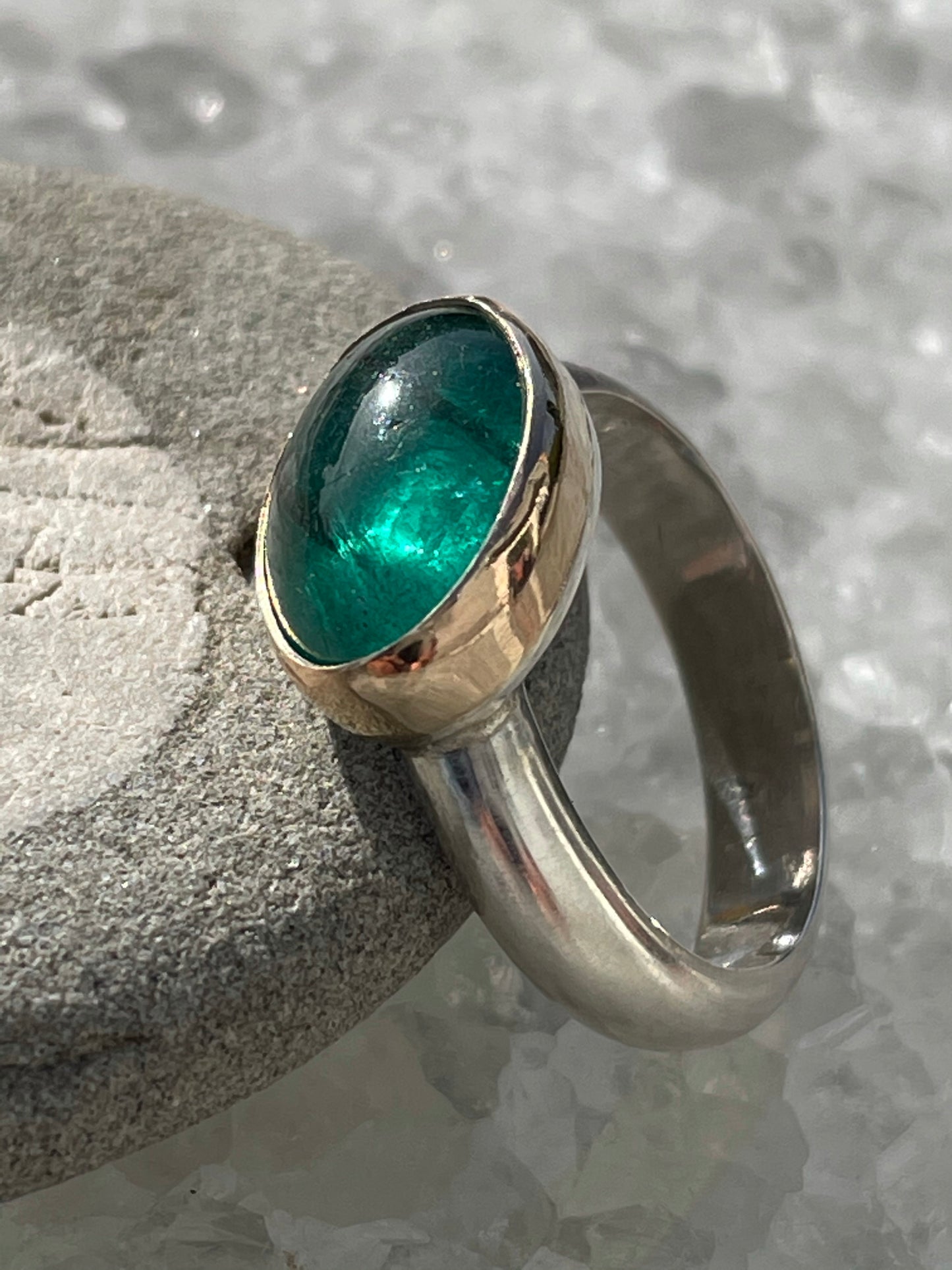 Emerald Veins: Deep Green Tourmaline Ring with 14K Gold Bezel