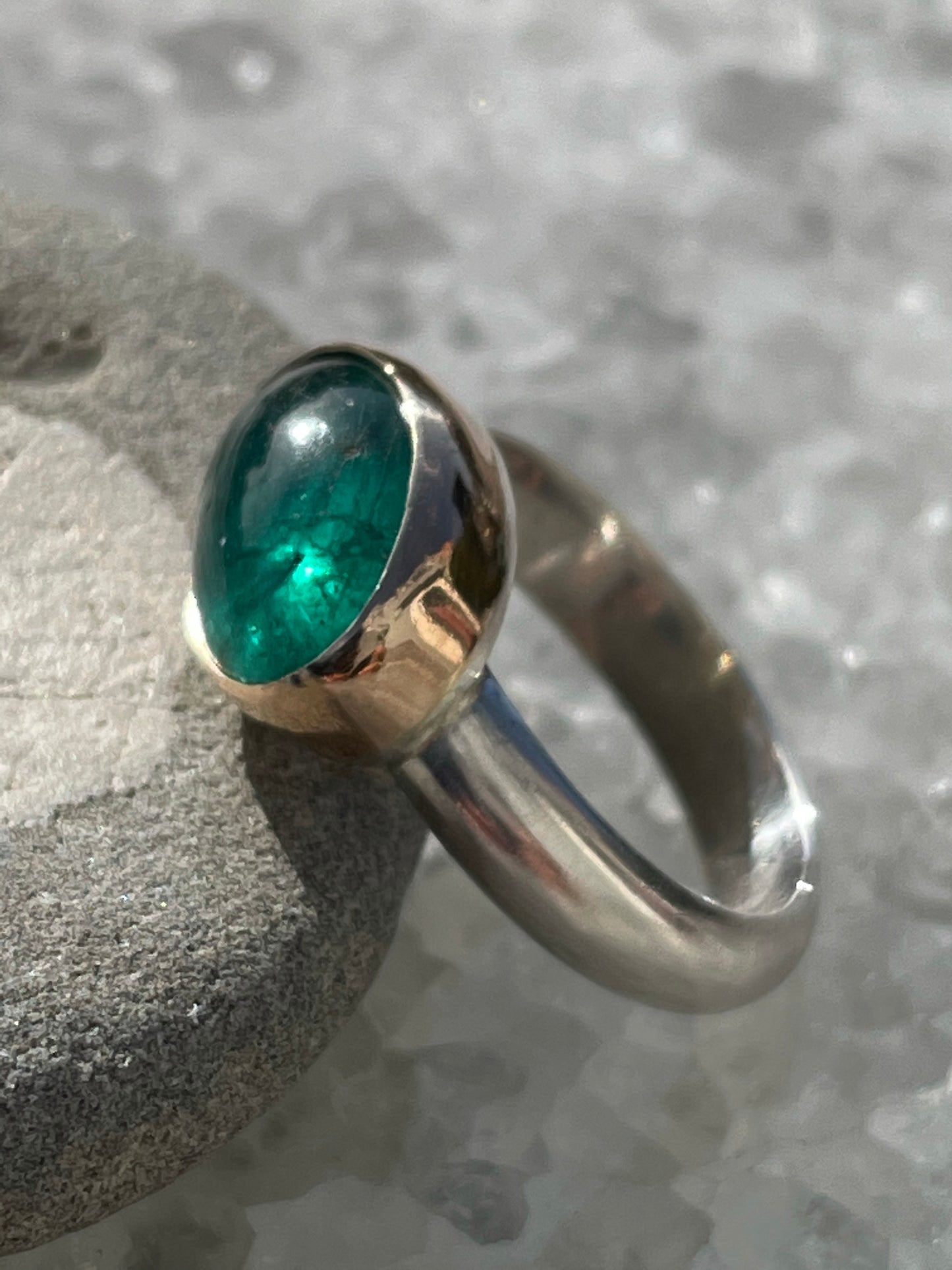 Emerald Veins: Deep Green Tourmaline Ring with 14K Gold Bezel